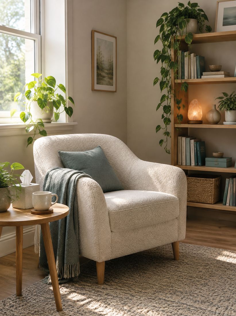 A cream armchair beside a sunny window with plants and bookshelves
