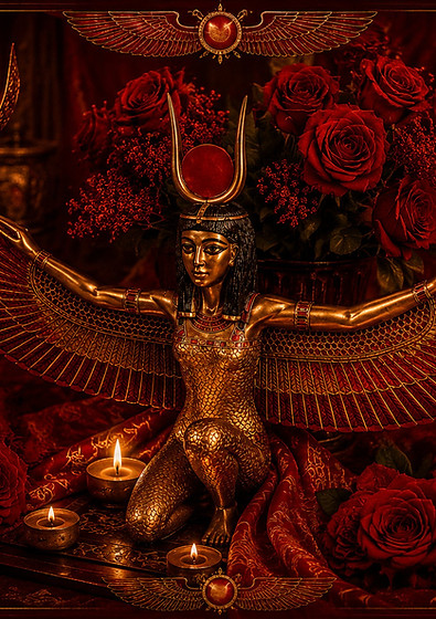 Isis goddess in gold Egyptian regalia and red rose headdress representing the purpose and mysteries of the Golden Dawn