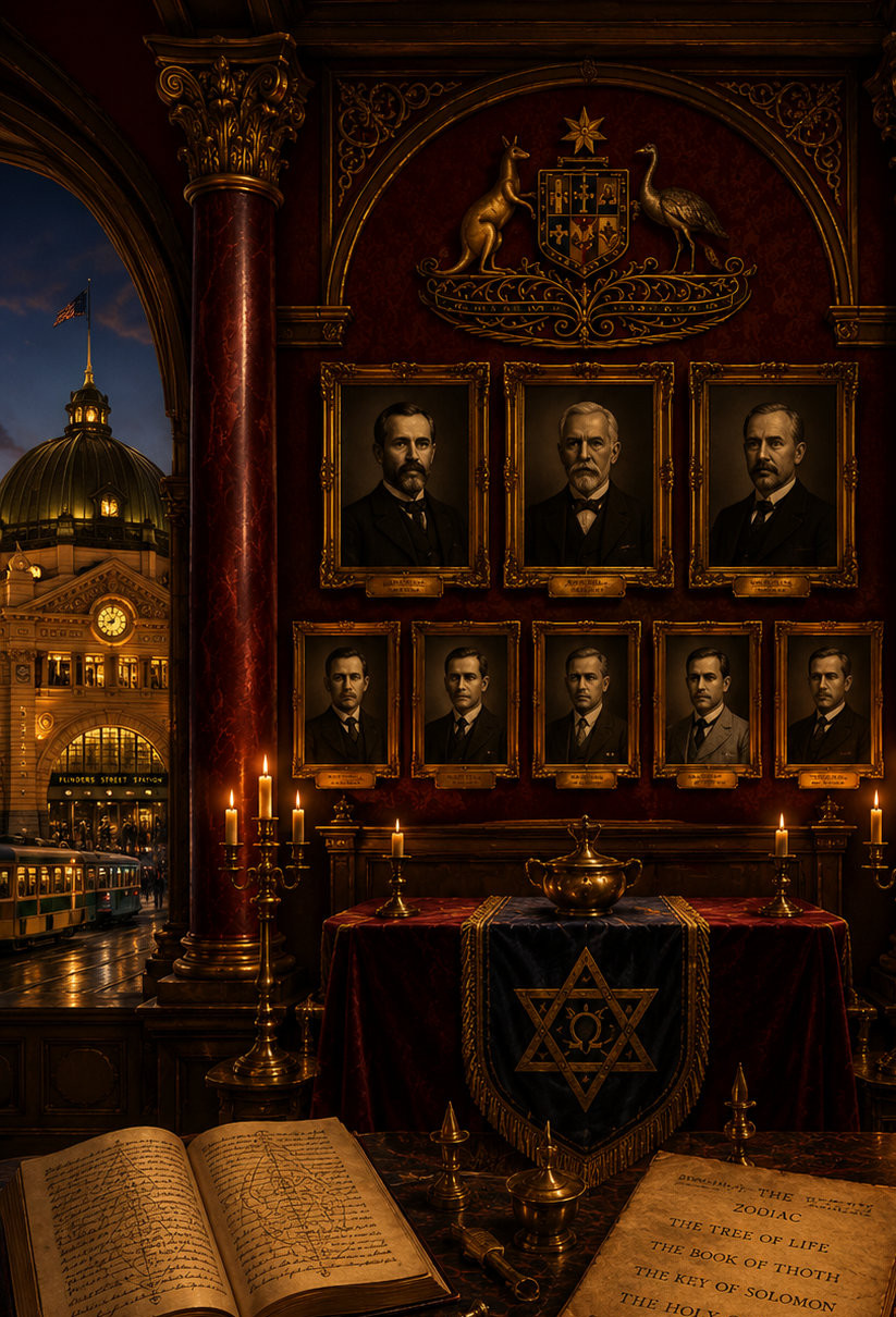 Hermetic library interior representing the Western Mystery tradition with Flinders Street station in the background representing Melbourne FGDU