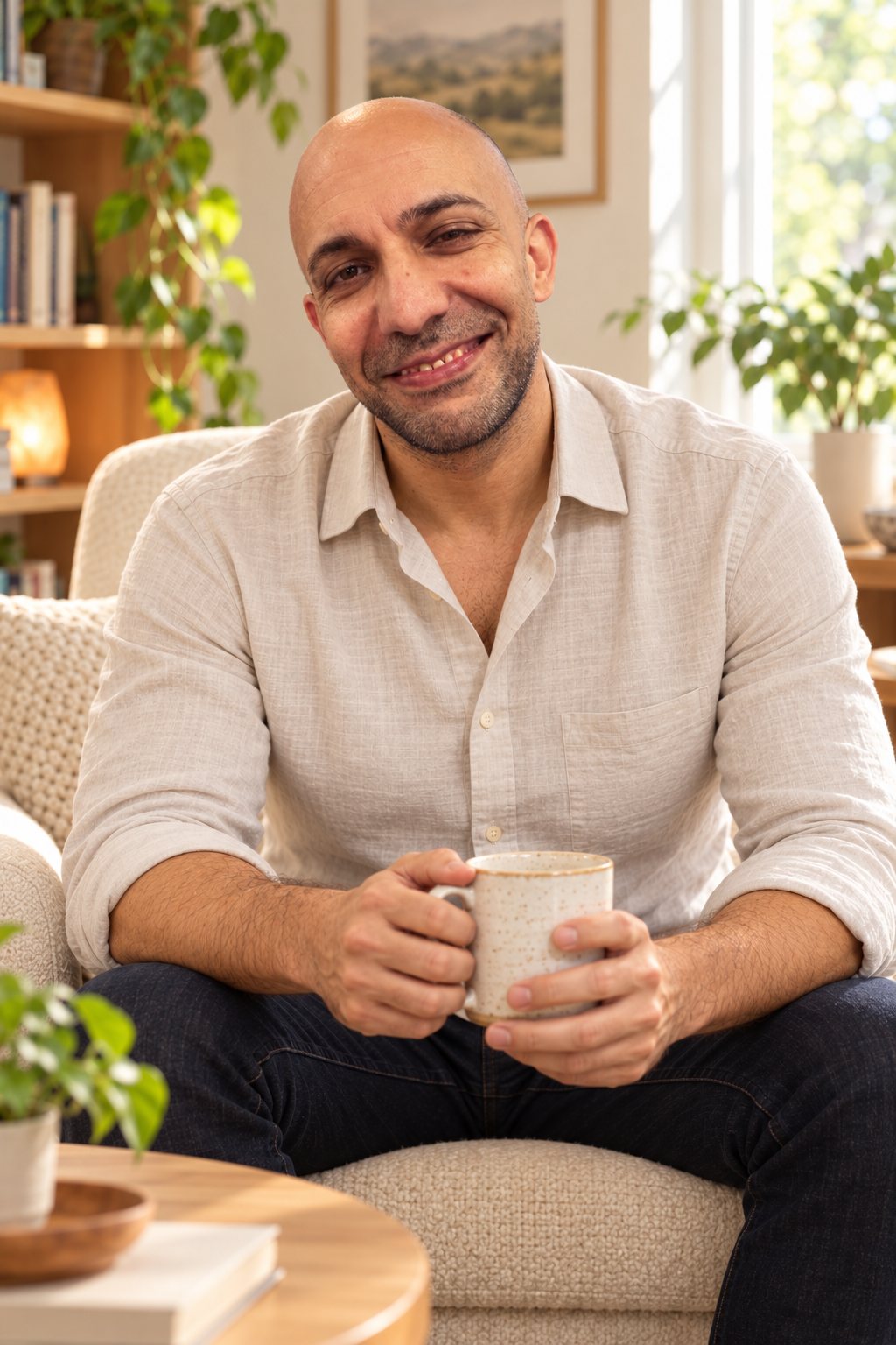 Michael Zoupa, relationship therapist, smiling with a cup of tea in his counselling room