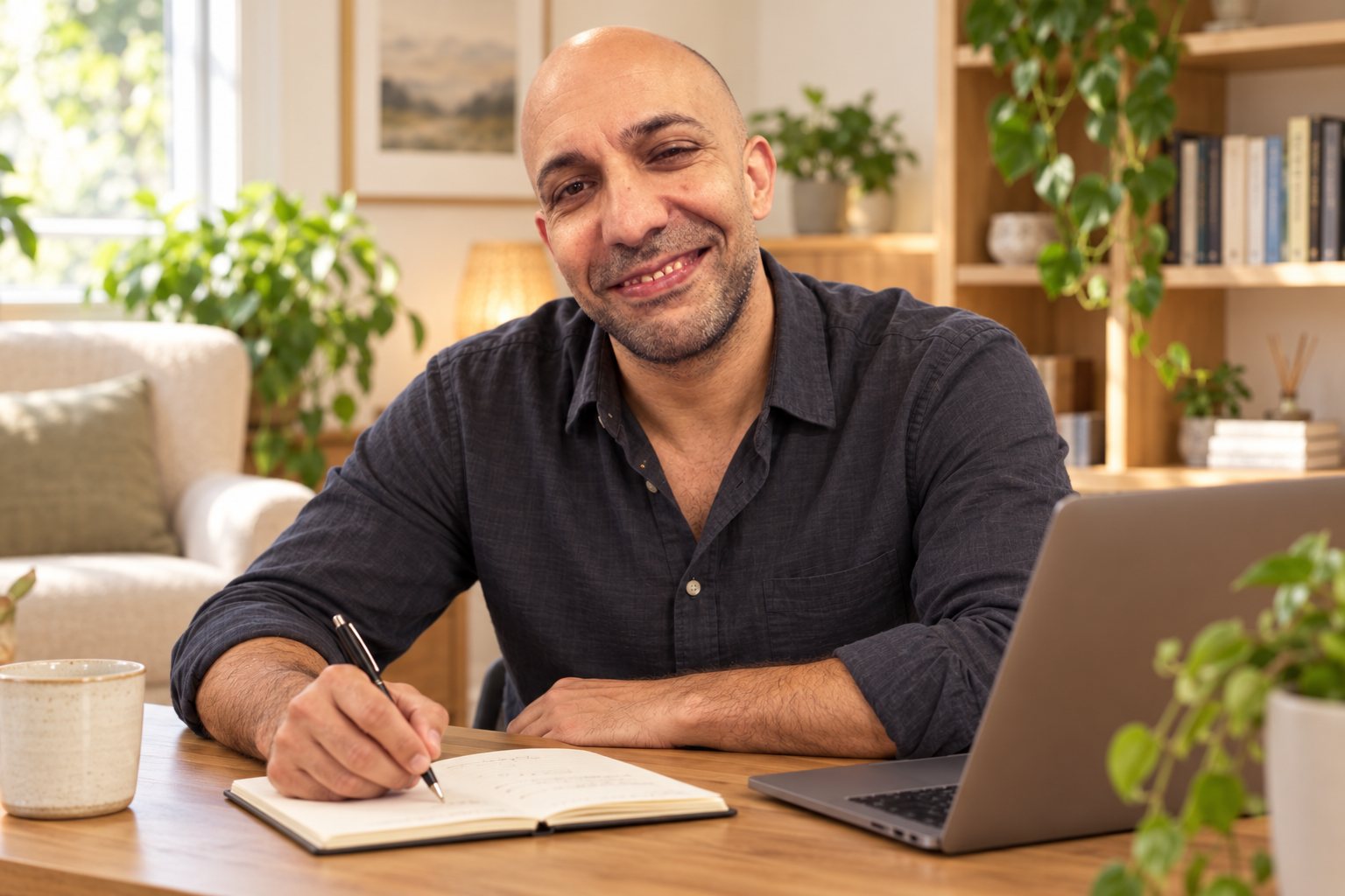 Michael Zoupa writing notes at his desk