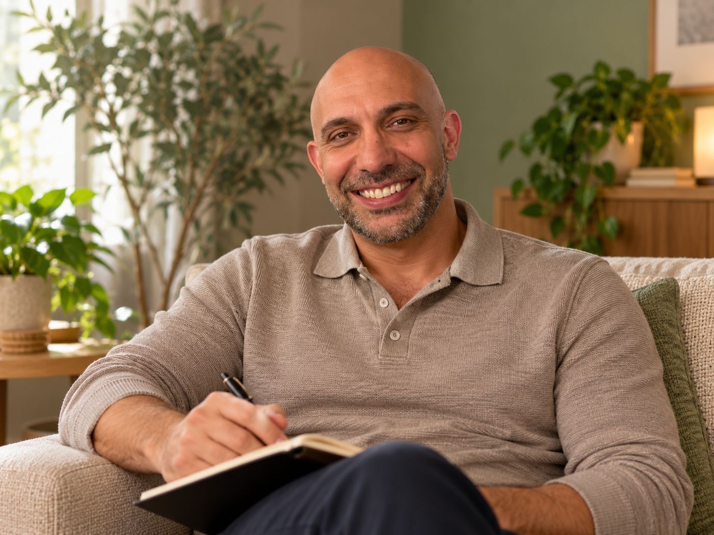 Michael Zoupa sitting on a sofa with a notebook