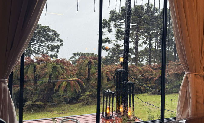 Banheira de imersão esculpida em tronco de madeira maciço com vista para a natureza com ar condicionado quente e frio
