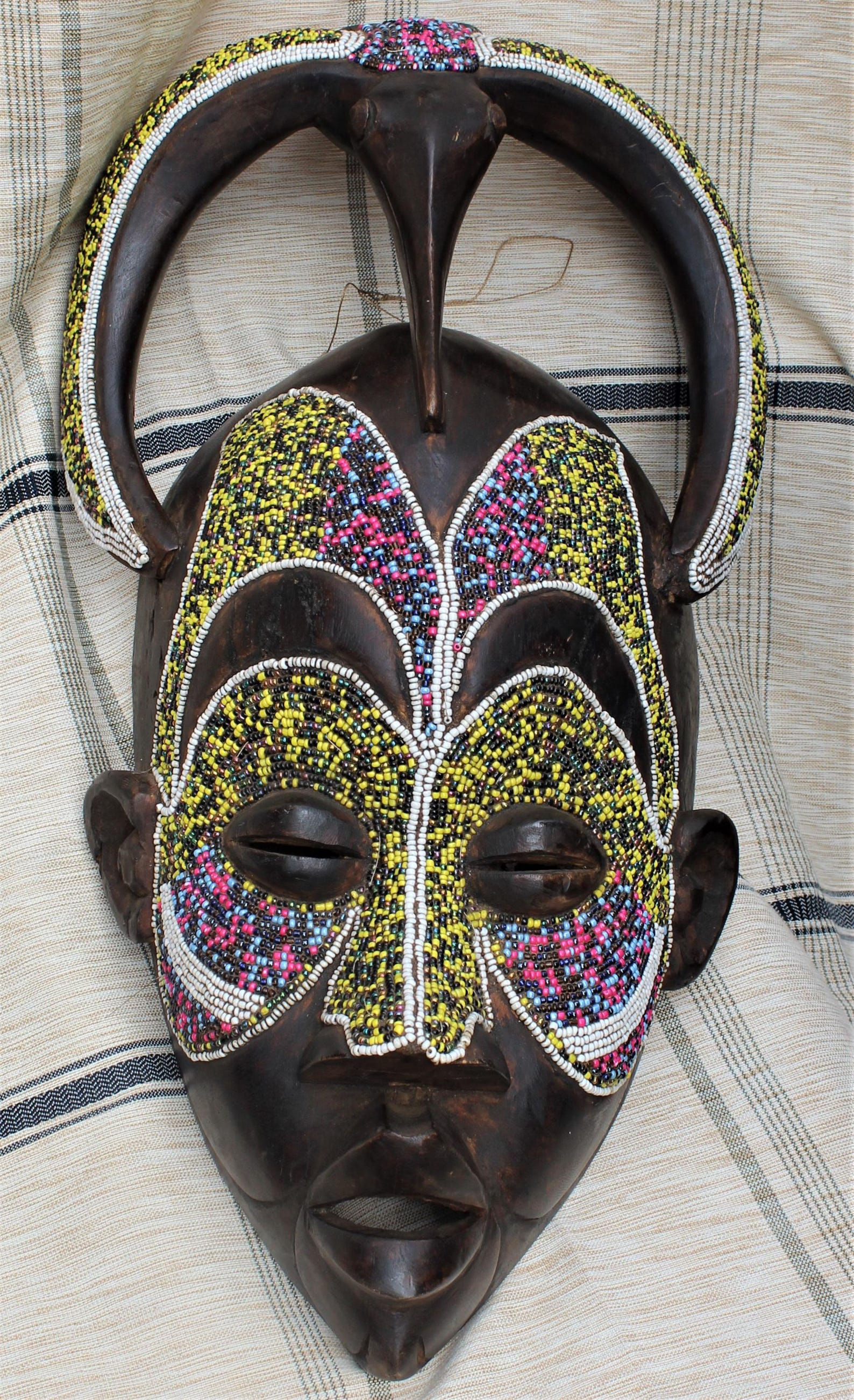 African Handmade Elongated Face Bird Wooden Sese Mask from Congo - Multi Color B