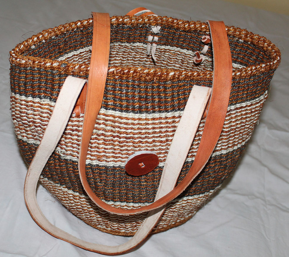 Thumbnail: Handwoven Sisal Market Tote Bag, Brown, Black and White Stripes, Leather Handles
