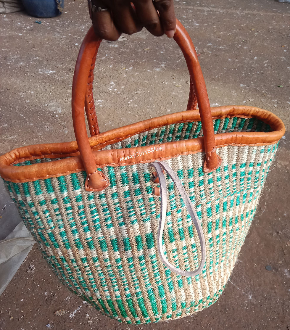 Thumbnail: Green Striped Sisal Kiondo Bag with Leather Straps (12 Inch Depth) - Beige+Green