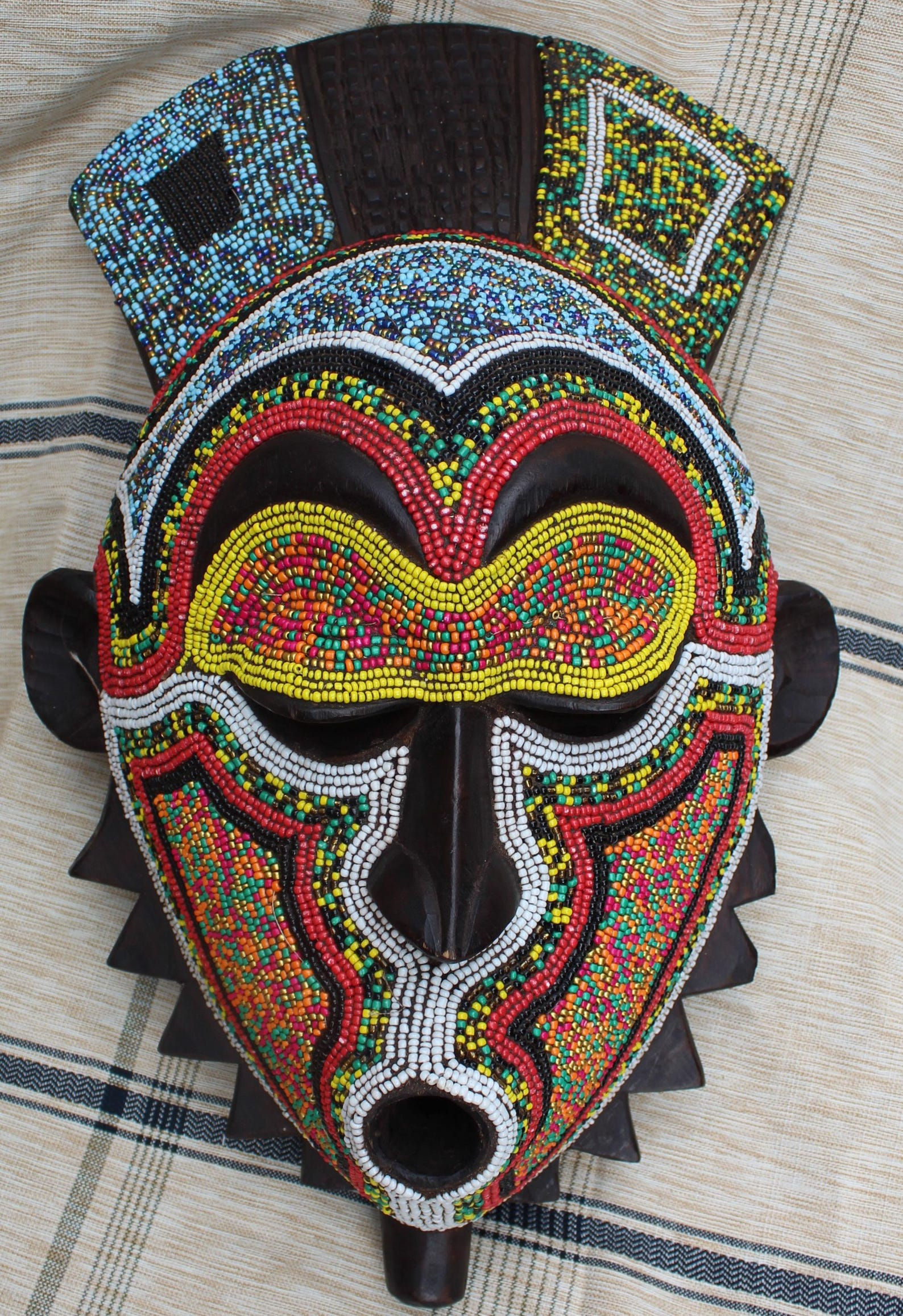 African Handmade Elongated Face Wooden Sese Mask from Congo - Multi Color Beadin