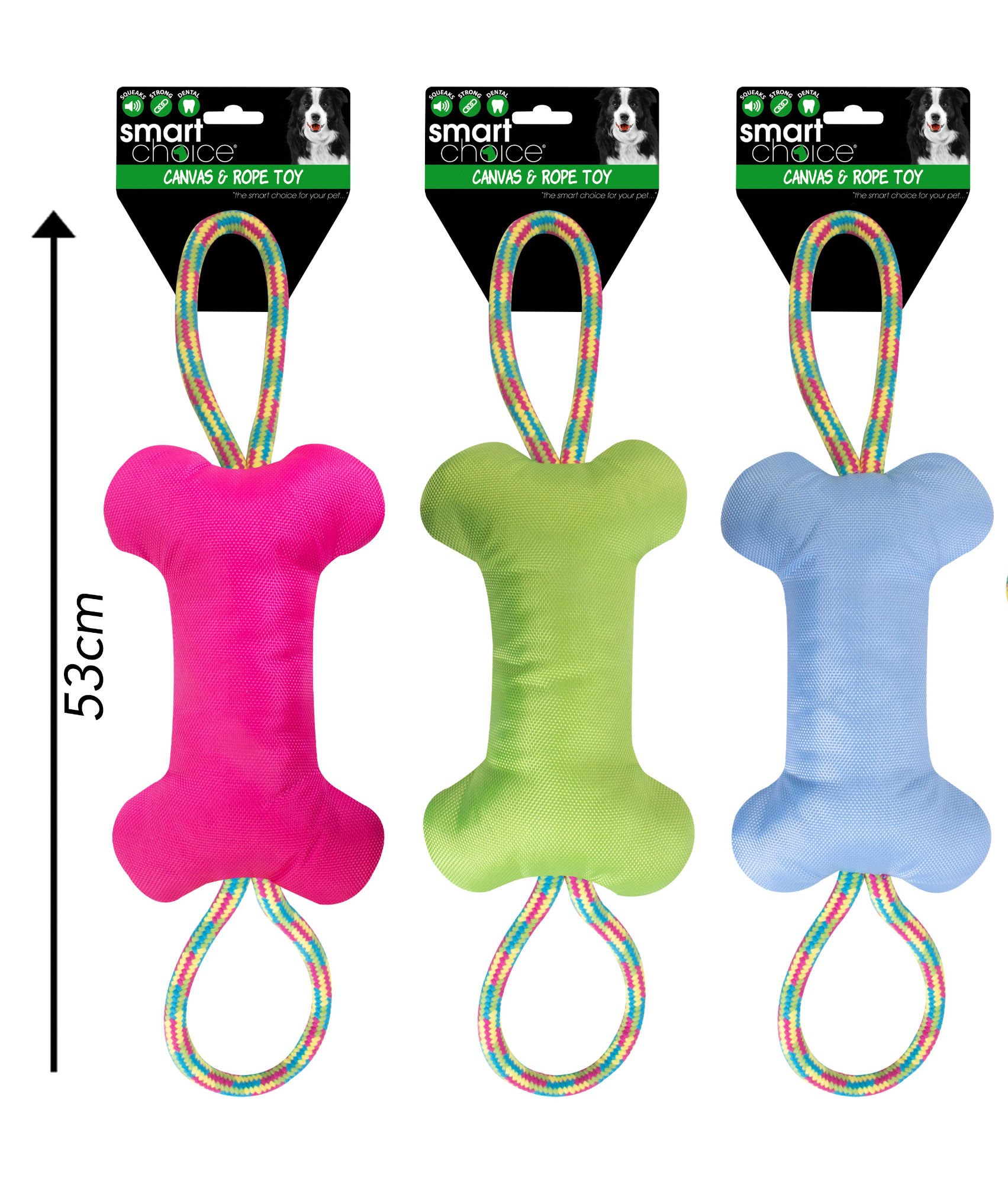 Squeaky Canvas Plush & Rope Bone Dog Toy, 3 colours