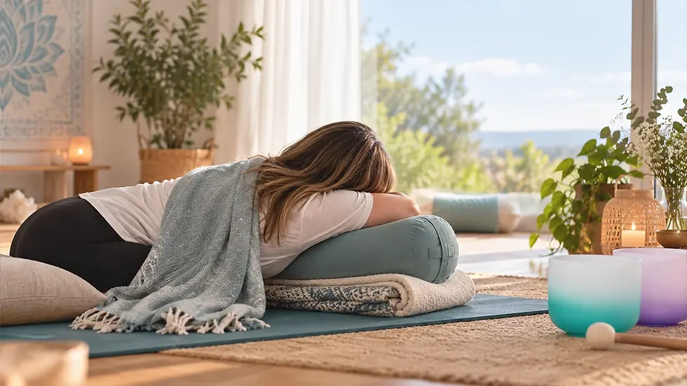 Image of a restorative yoga session with a calm atmosphere, supportive props and a wellbeing focus for the MPN community.