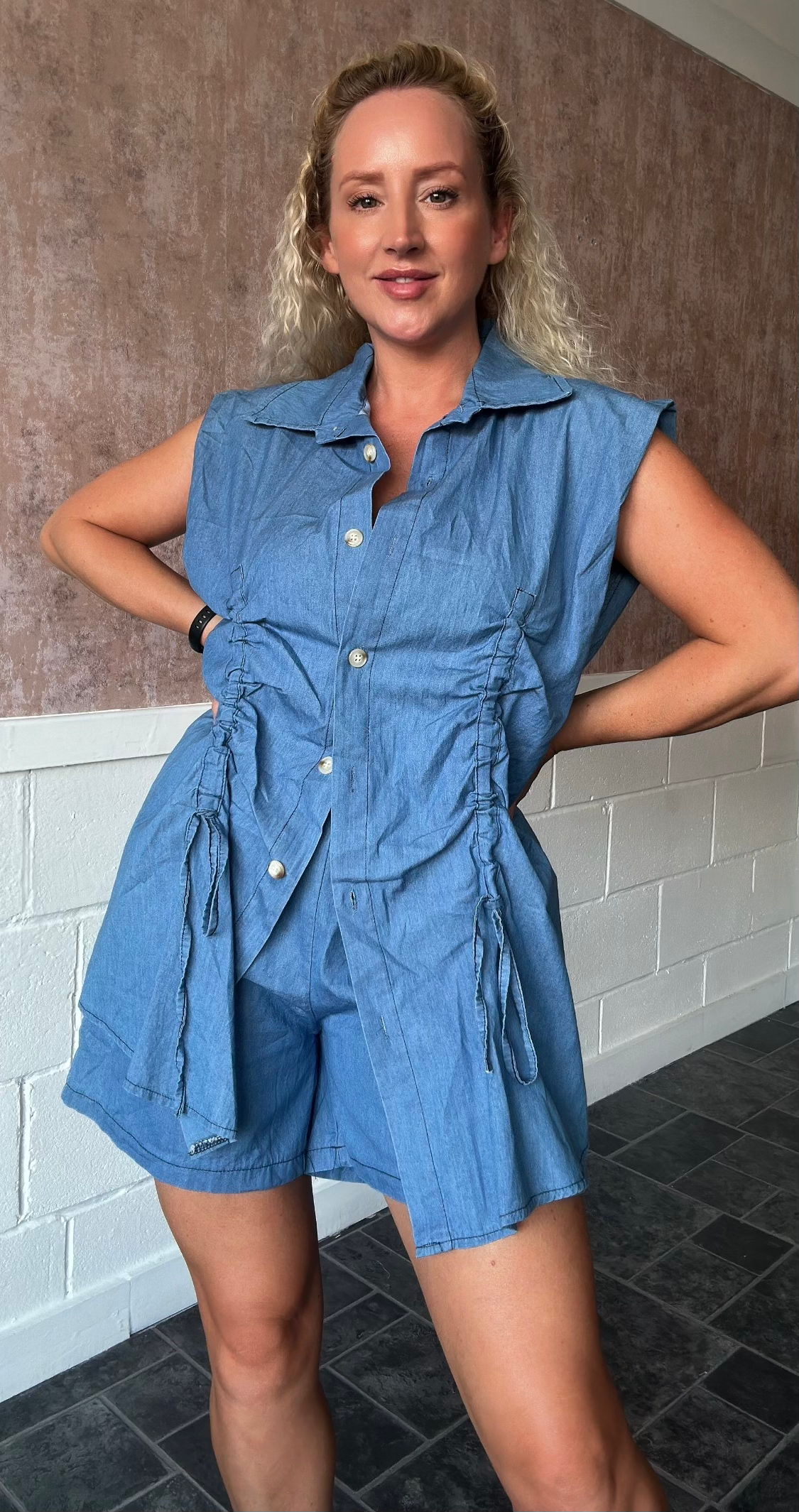 Denim Hinched Front Shirt & Shorts Set