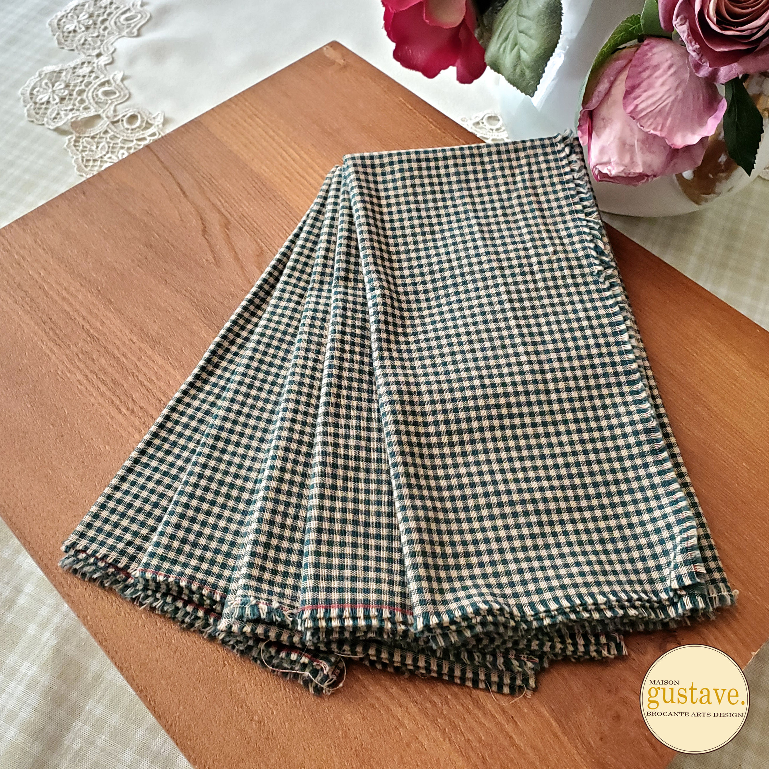 Ensemble de 5 serviettes de table motif pied de poule vert