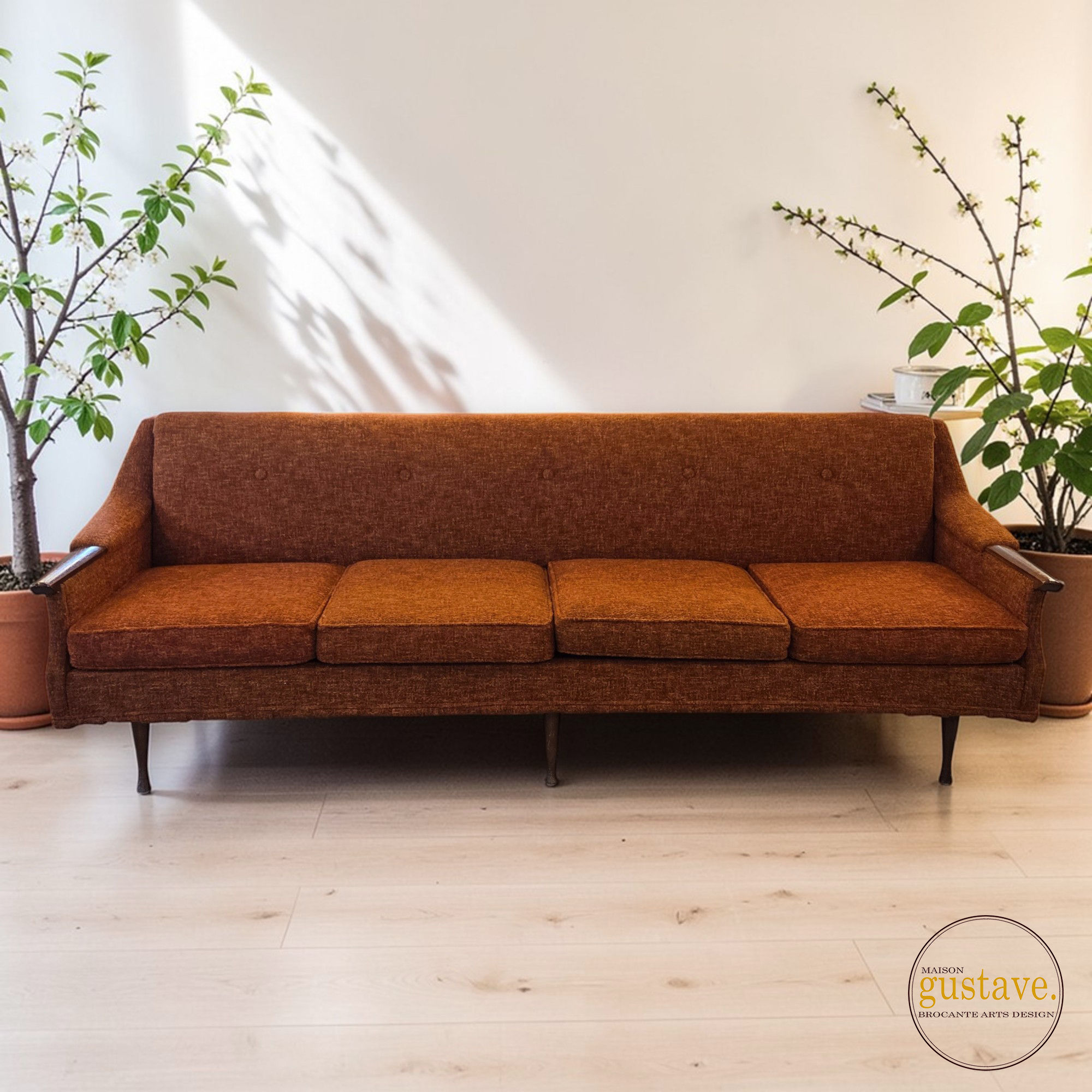 Canapé 4 places en tissu orange brûlé Midcentury Modern