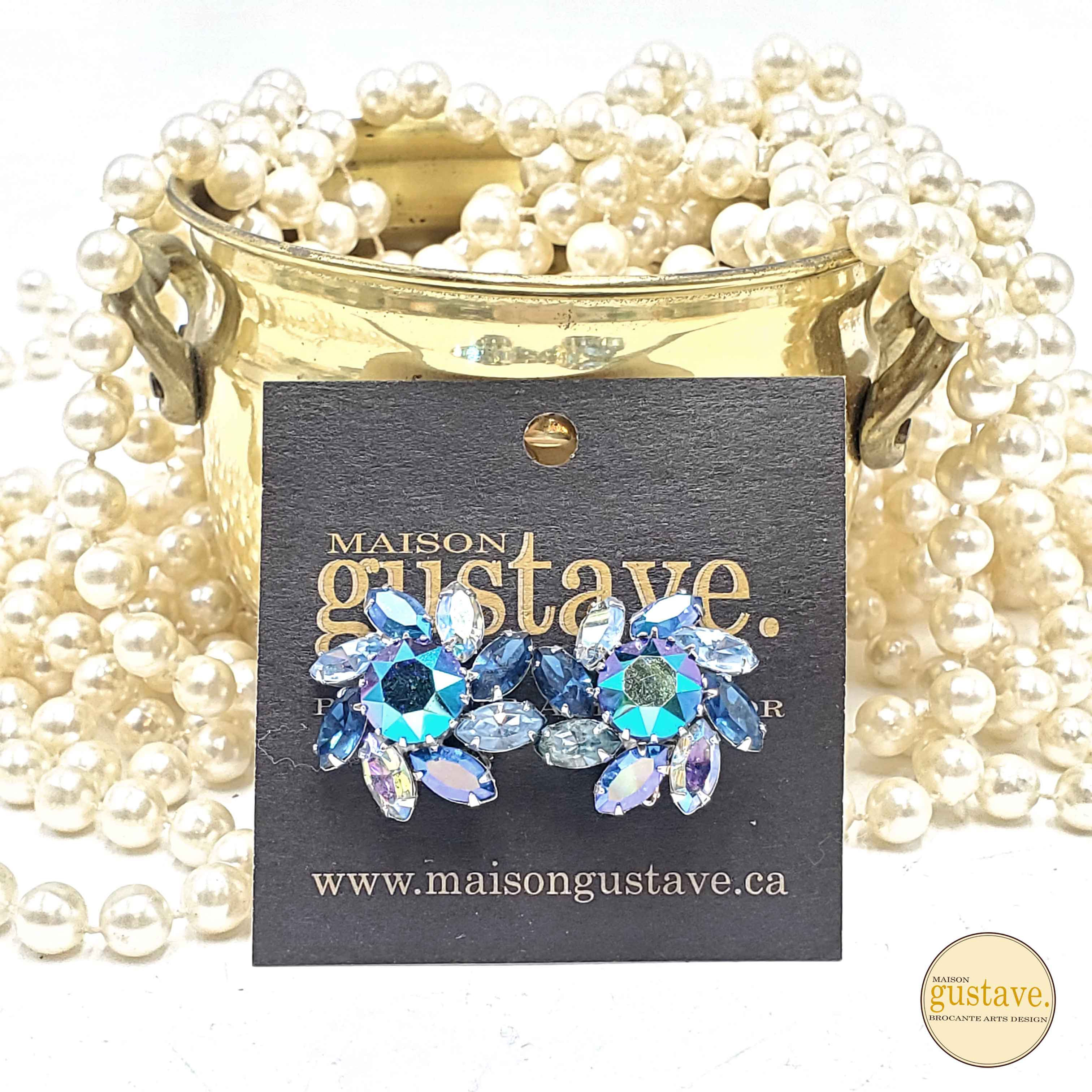 Boucles d'oreilles à pince en strass bleue 1960's