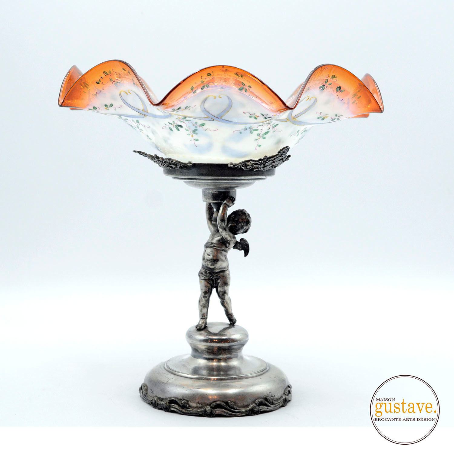 Épergne en argent plaqué chérubin et verre peint à la main circa 1900