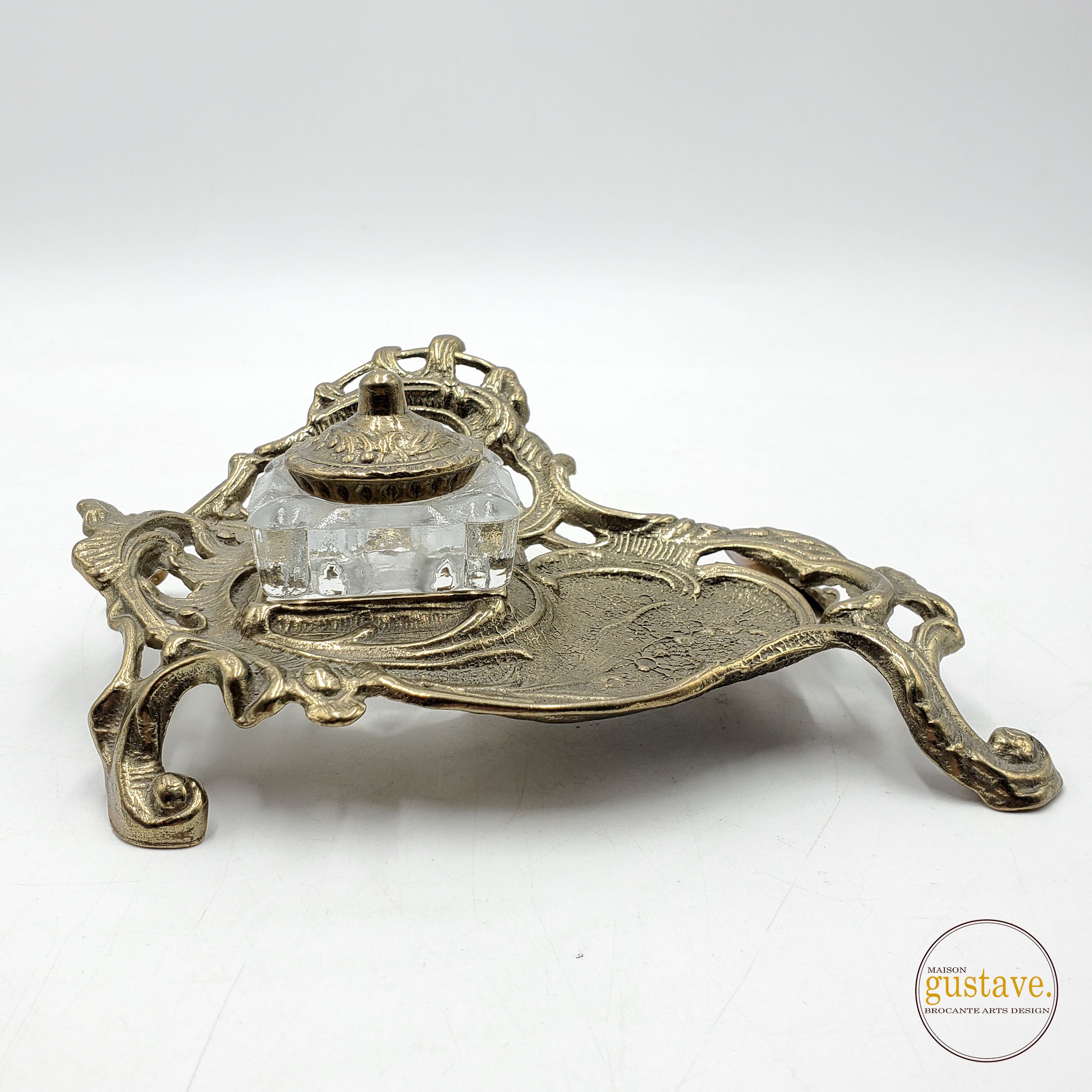 Encrier en verre et laiton de style Art nouveau