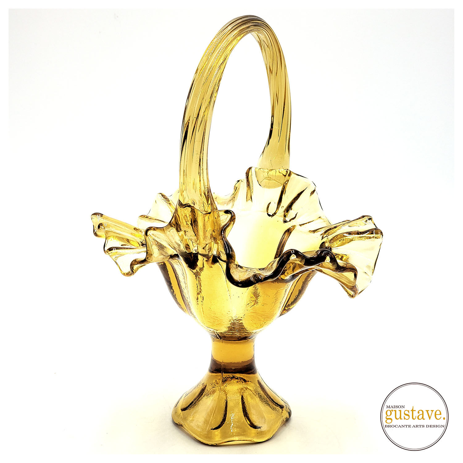 Panier à anse sur pied en verre ambré