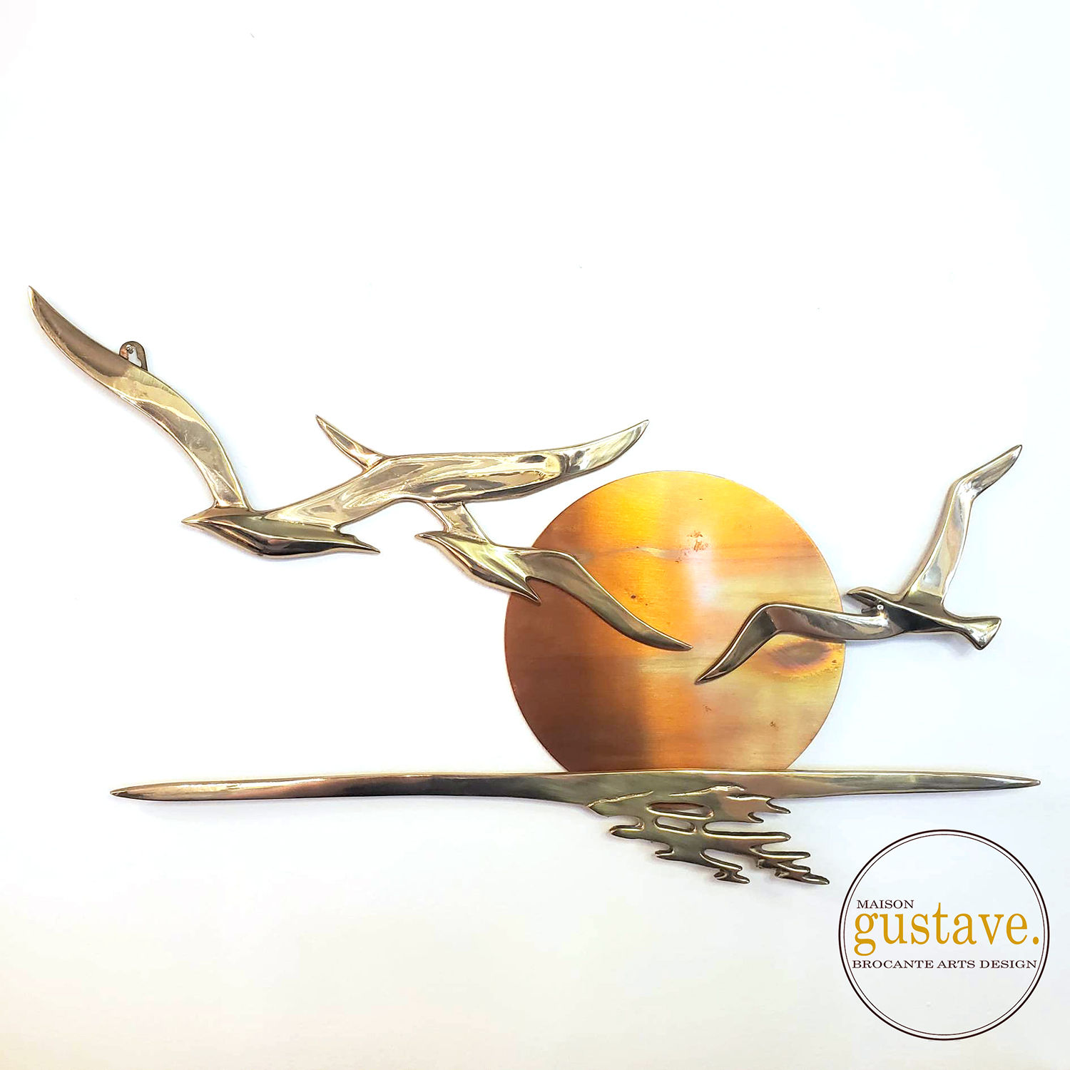 Oiseaux de laiton muraux avec soleil en cuivre