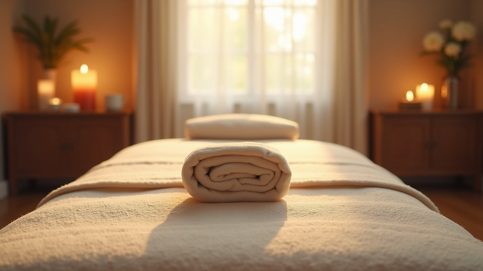 Eye-level view of a peaceful Reiki therapy room with soft lighting