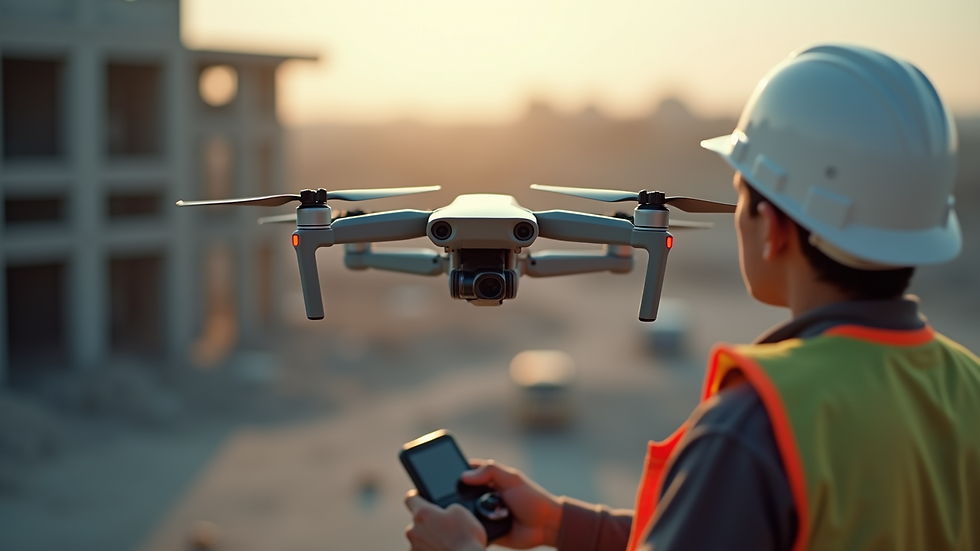 Eye-level view of drone operator controlling drone over construction site
