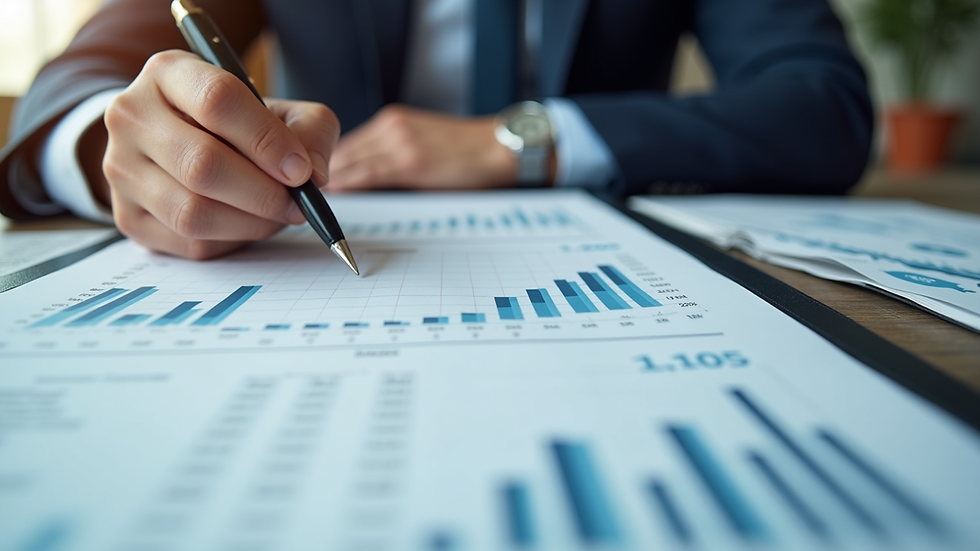 Close-up view of a financial analyst reviewing loan documents and market data