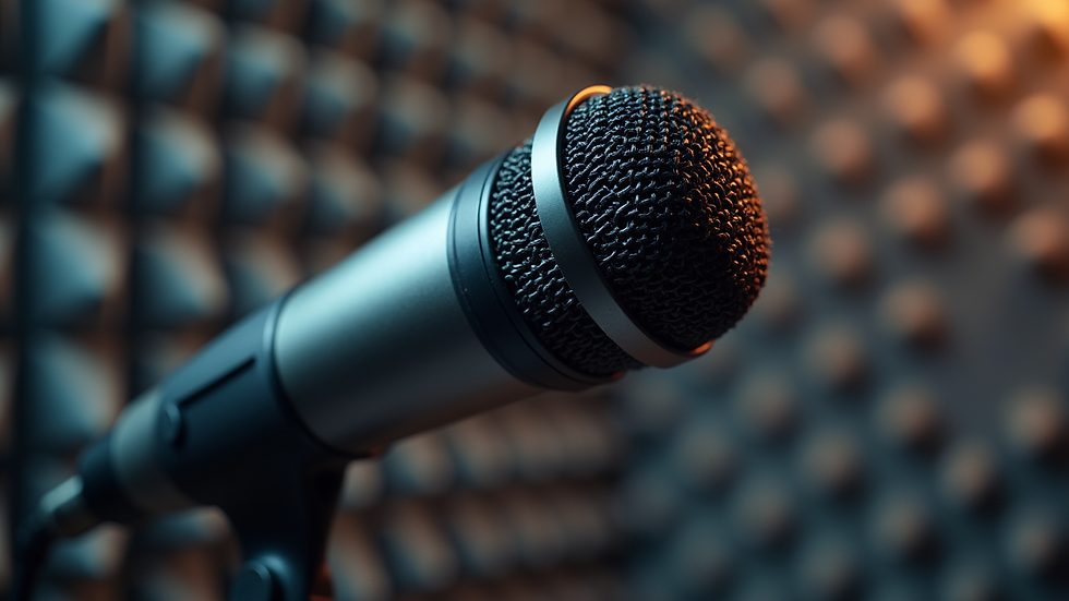 Close-up view of a podcast microphone with soundproofing foam in the background