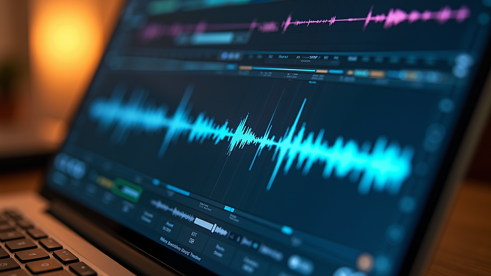 Eye-level view of a laptop screen showing audio editing software with waveforms