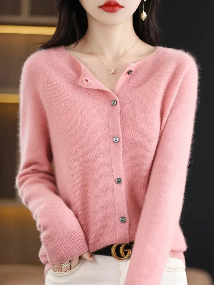 Thumbnail: Pure Merino Wool O-Neck Cardigan Cashmere Sweater 2024 Female Clothing