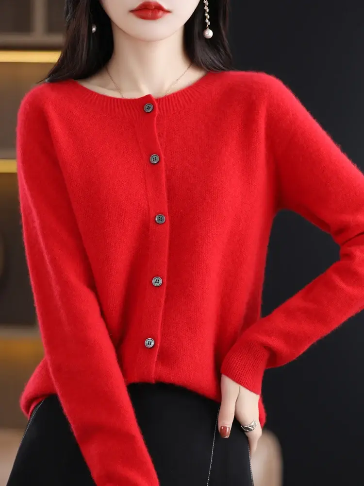 Thumbnail: Pure Merino Wool O-Neck Cardigan Cashmere Sweater 2024 Female Clothing