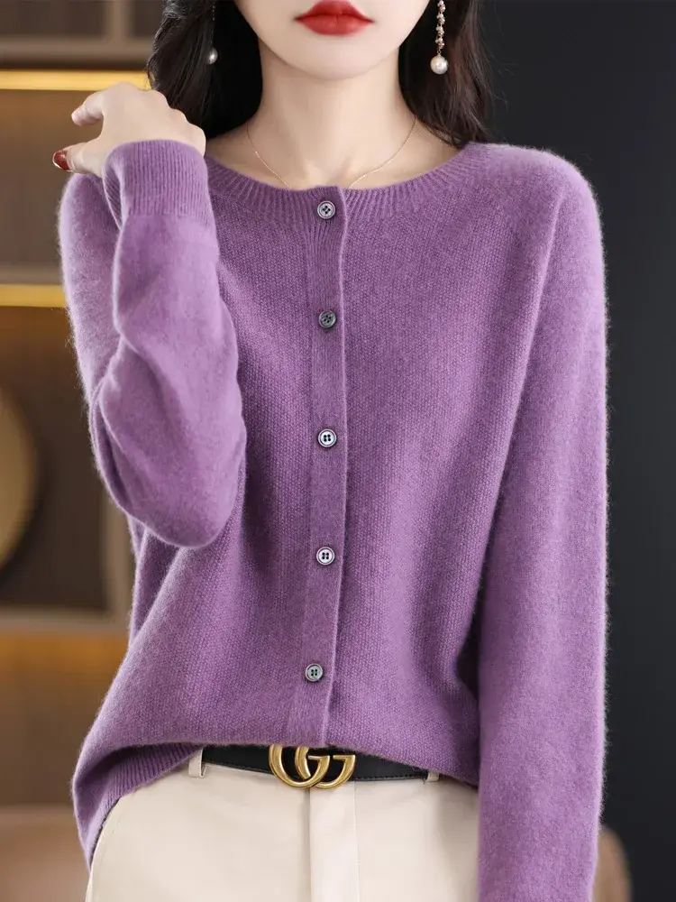 Thumbnail: Pure Merino Wool O-Neck Cardigan Cashmere Sweater 2024 Female Clothing
