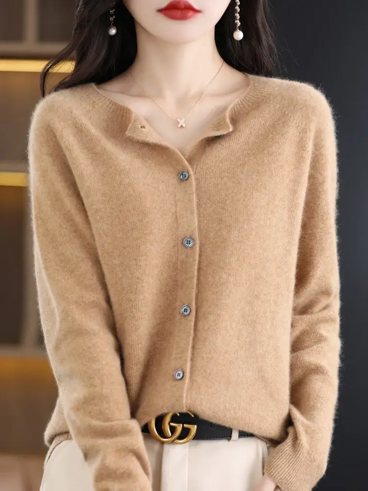 Thumbnail: Pure Merino Wool O-Neck Cardigan Cashmere Sweater 2024 Female Clothing