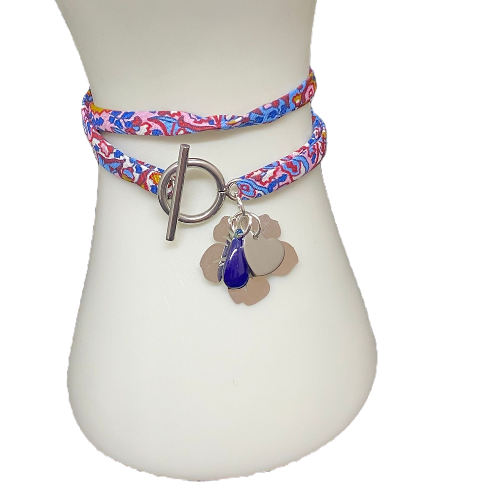 Miniature : Bracelet liberty en tissu "vintage" fermoir argent, avec charm bleu