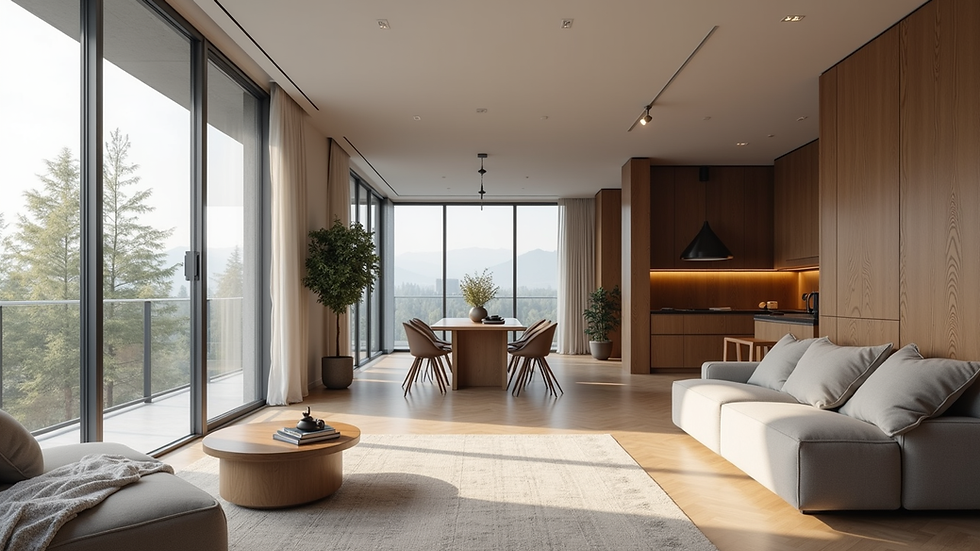 Eye-level view of a modern apartment interior showcasing spacious living area