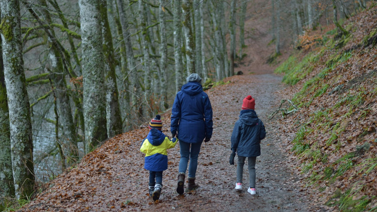 Une famille se promène sur un sentier forestier en Auvergne.