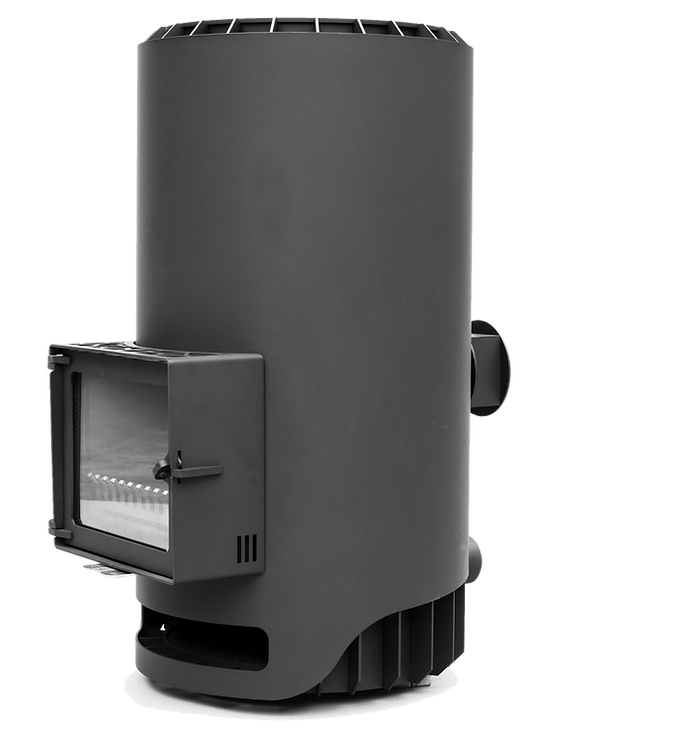 De uiteindelijke houtkachel, technisch een 'batch rocket stove'.