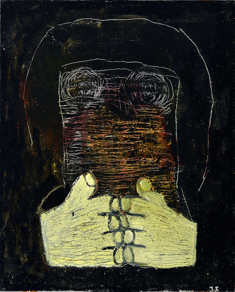 Hendene virker og hjertet slår, Jan Stensrud. Mixed media på lerret