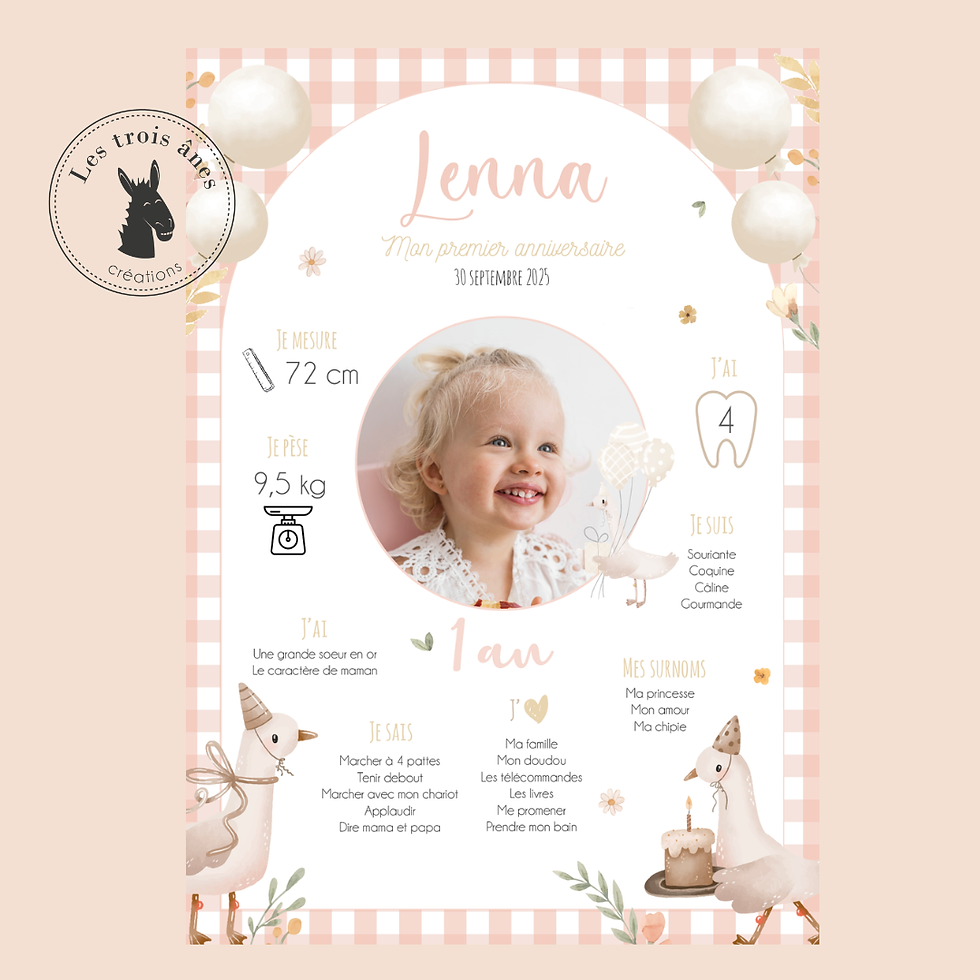 Affiche anniversaire - Thème oie et vichy rose