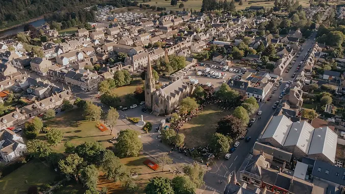 Overhead drone photograph of Ballater's village green