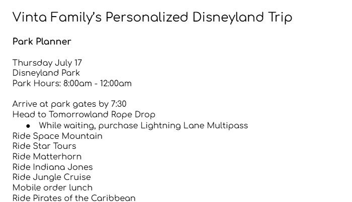 A sample itinerary for a Disney Parks vacation for the Vinta Family