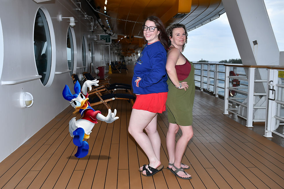 2 people on a cruise deck with a graphic Daisy Duck added in 