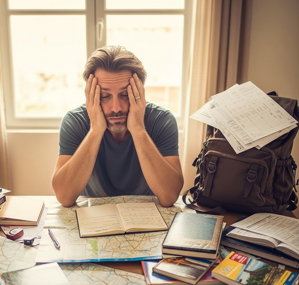 A man looking stressed out with books and maps surrounding him