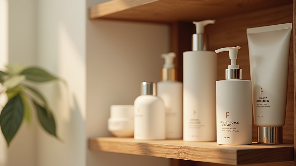 Eye-level view of a neatly arranged collection of intimate wellness products on a wooden shelf