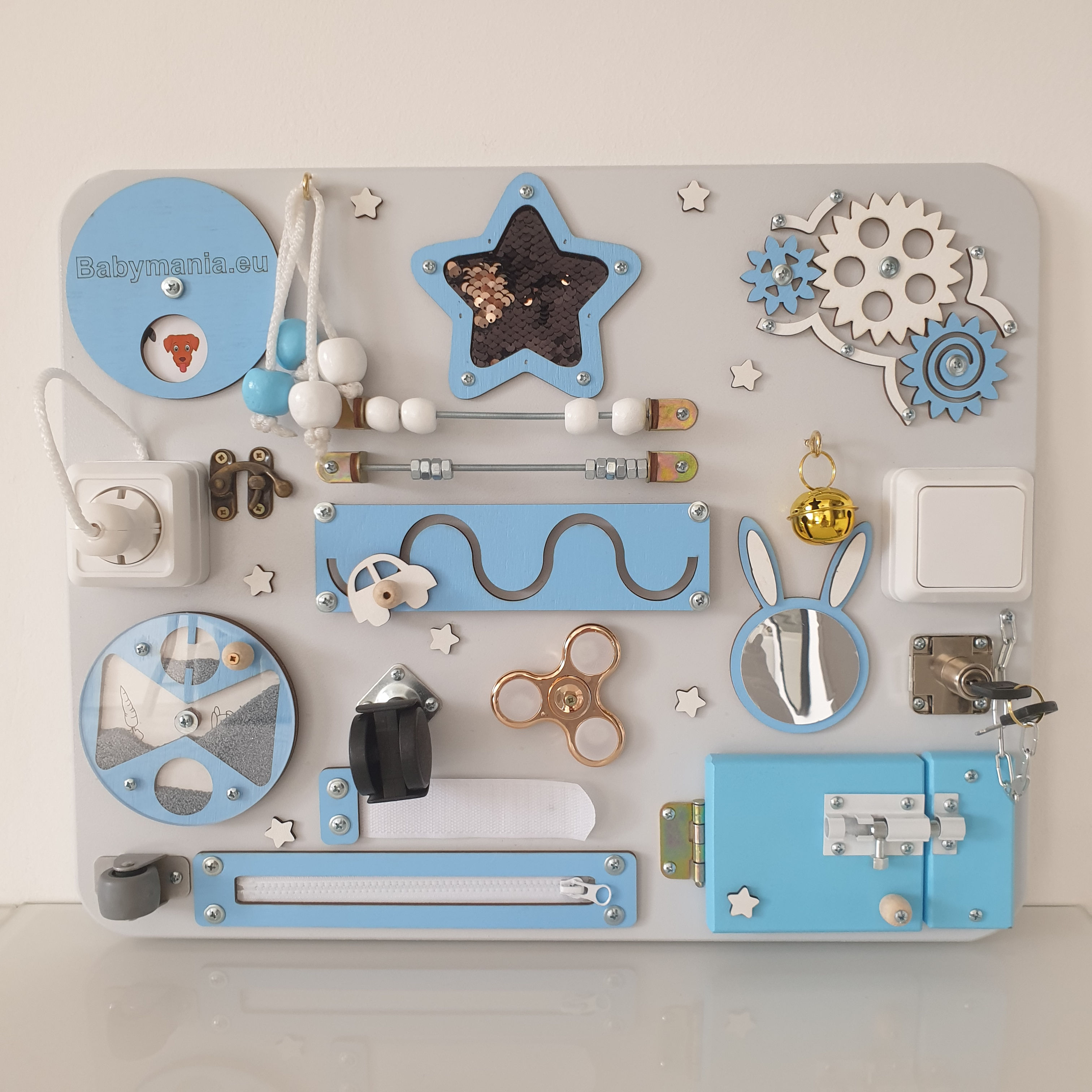 Pannello Sensoriale Montessori Babymania Tavola Attività Light Blue