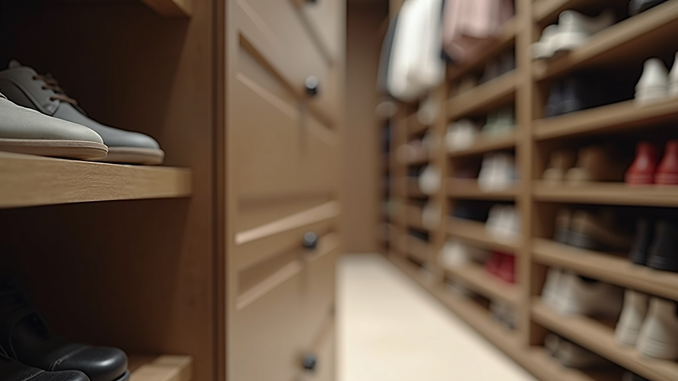 Close-up view of custom closet drawers and shoe racks neatly organized
