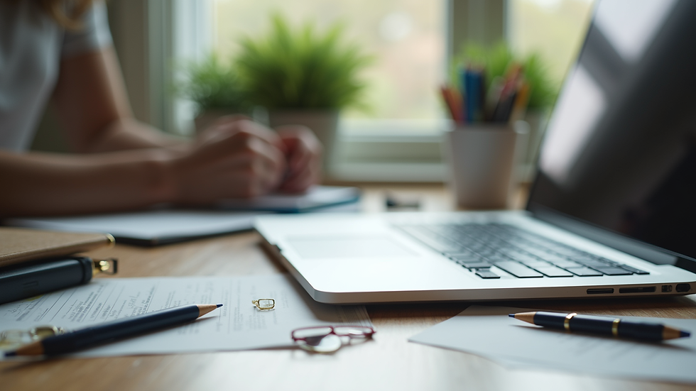 Close-up view of a tidy desk with organized stationery and a laptop