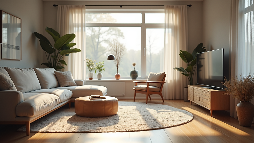 Eye-level view of a cozy living room with modern furniture and natural light