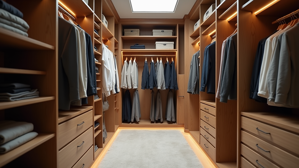 Eye-level view of a spacious custom closet with organized shelves and hanging clothes