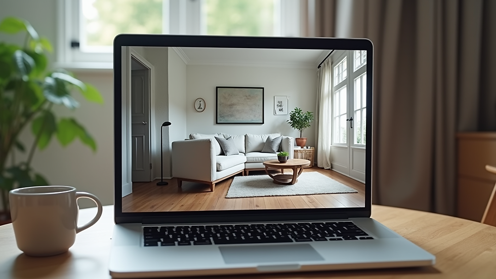 Close-up view of a laptop screen showing a virtual interior design consultation