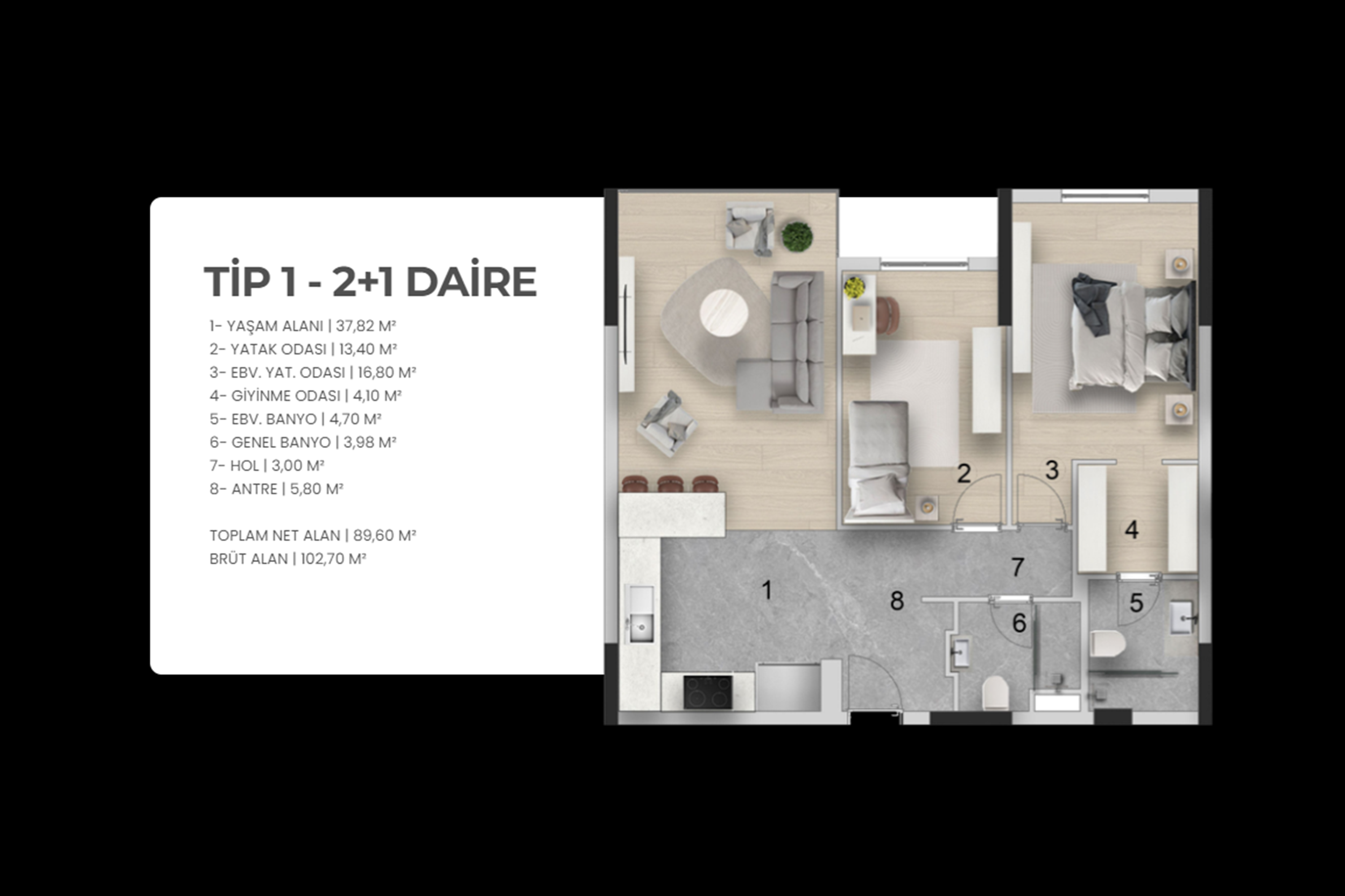 Dora İncek 2+1 · 2+1 Tip 1 · 89,60 m² net / 102,70 m² brüt