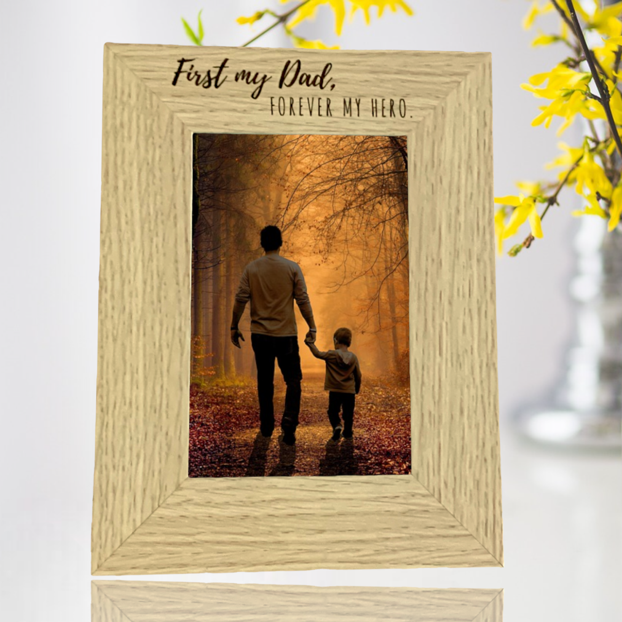 Photo frame, oak wood and glass engraved 'First my Dad, Forever my Hero' Fathers