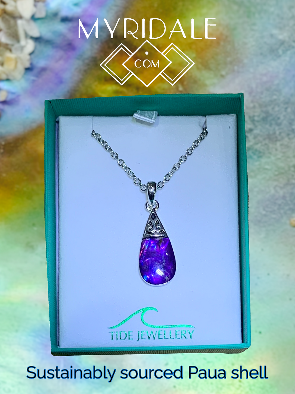 Thumbnail: Purple Peardrop necklace, Paua shell. 18" chain, 28mm Rhodium plated